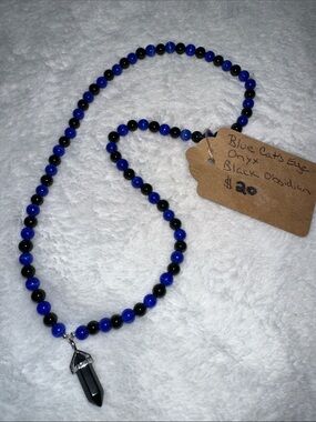 Black Onyx and Blue Cat’s Eye necklace